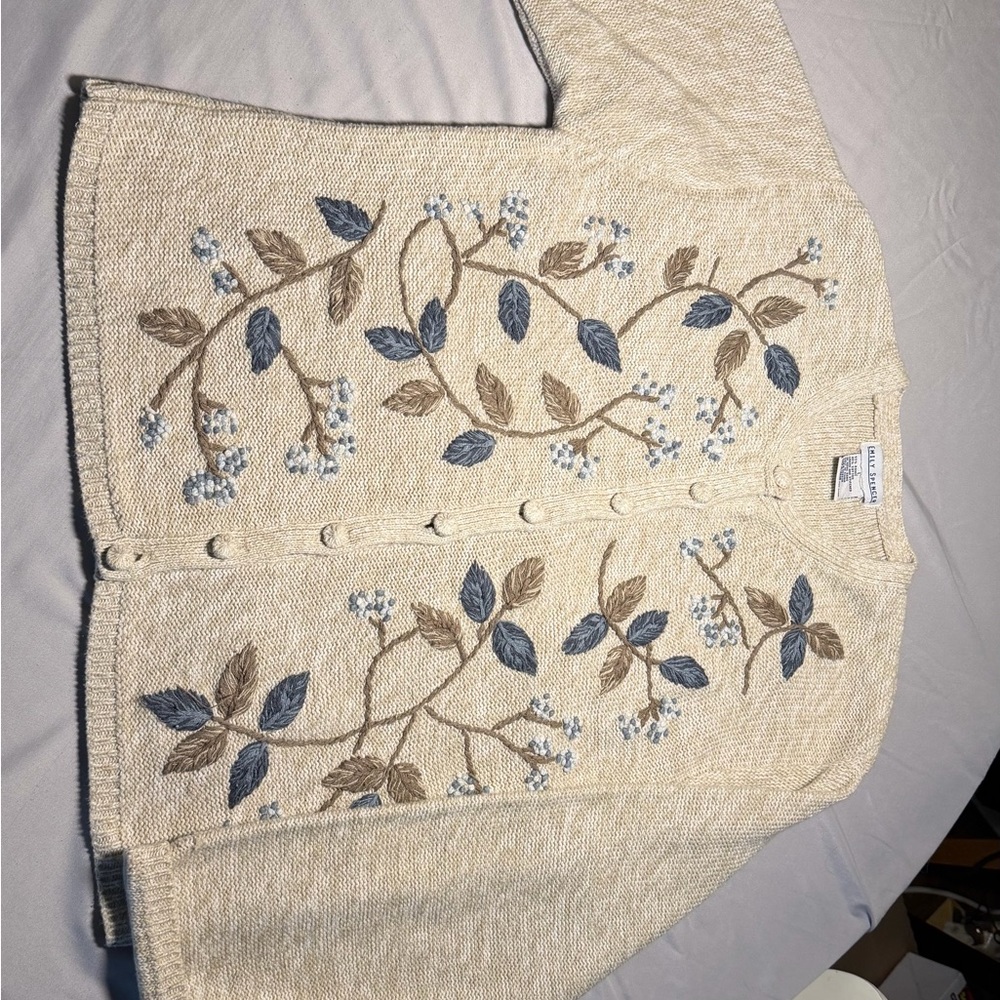 Elegant Cream Cardigan with Blue and Brown Embroidery